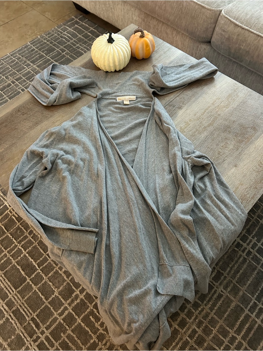 Michael Kors Heather Gray Open-Front Draped Cardigan and scarf.